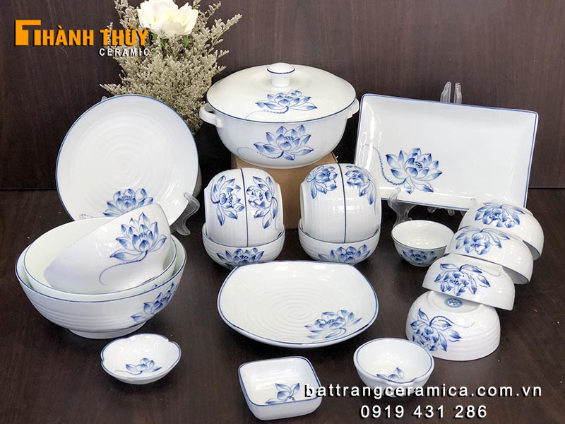 Bộ bát đĩa hoa sen Bát Tràng cao cấp bền đẹp an toàn