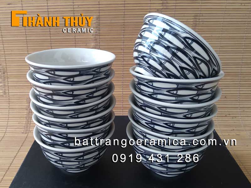 Bộ 12 bát ăn cơm Bát Tràng vẽ cá đàn đẹp sang trọng