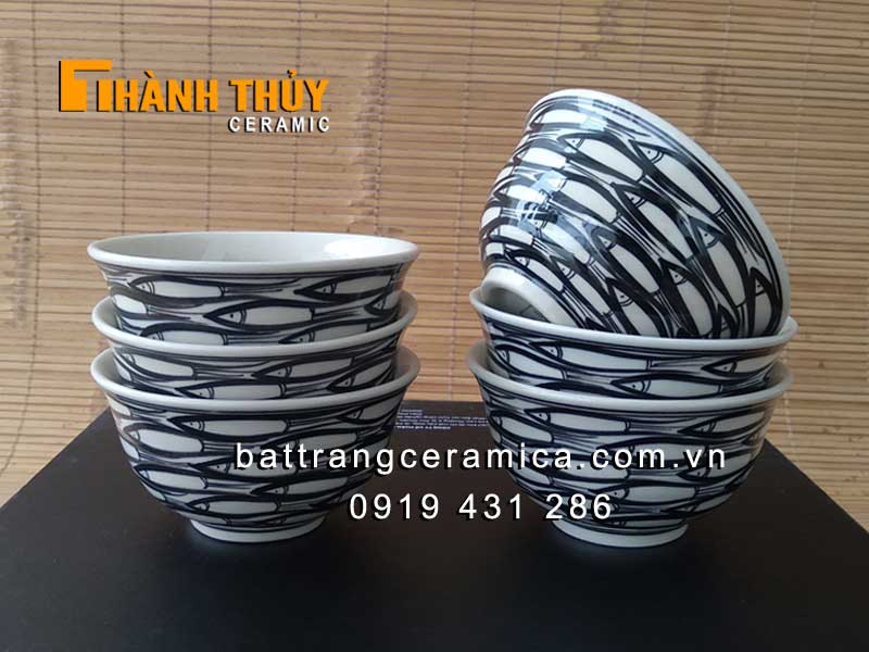 bát ăn cơm vẽ cá đàn bộ 6 cái gốm sứ Bát Tràng cao cấp sang trọng