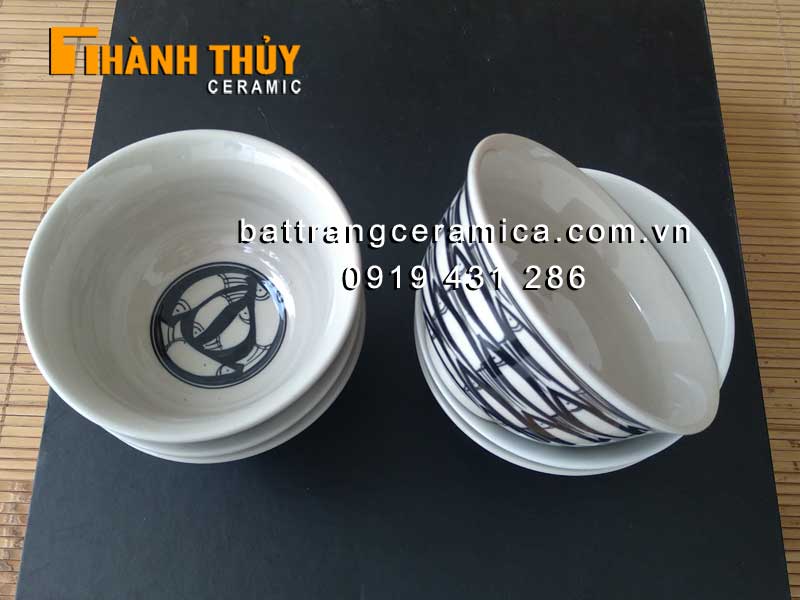 bát ăn cơm vẽ cá đàn bộ 6 cái gốm sứ Bát Tràng cao cấp sang trọng
