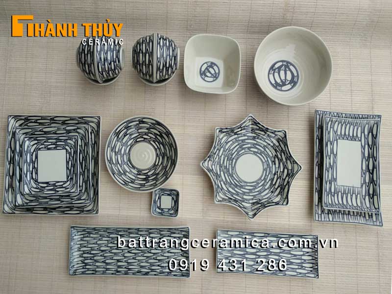 Bộ bát đĩa Bát Tràng cá đàn 18 món gốm sứ cao cấp sang trọng 