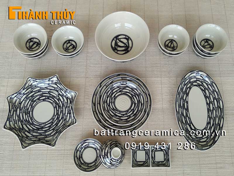 Bộ đồ ăn Bát Tràng cá đàn 19 món gốm sứ sang trọng an toàn