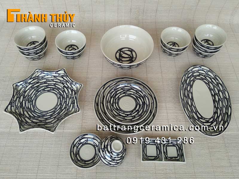 Bộ đồ ăn Bát Tràng cá đàn 19 món gốm sứ sang trọng an toàn