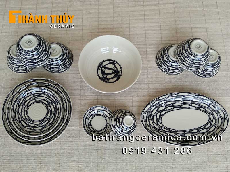Bát đĩa Bát Tràng cá đàn 13 món cao cấp gốm sứ giá tốt