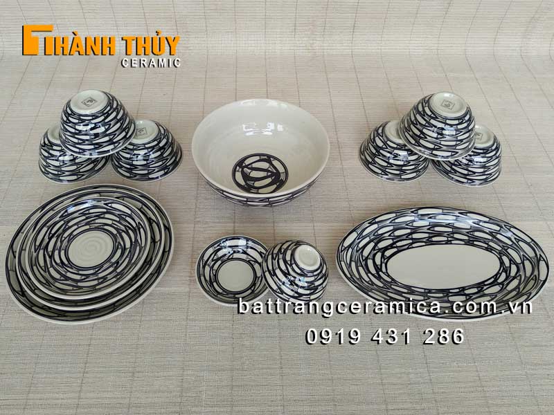 Bát đĩa Bát Tràng cá đàn 13 món cao cấp gốm sứ giá tốt