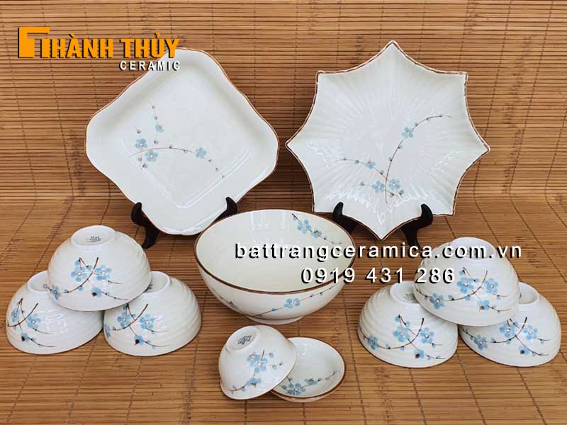 Bộ bát đĩa Bát Tràng hoa đào xanh 11 món cao cấp an toàn bền đẹp