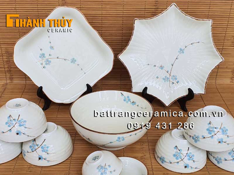 Bộ bát đĩa Bát Tràng hoa đào xanh 11 món cao cấp an toàn bền đẹp