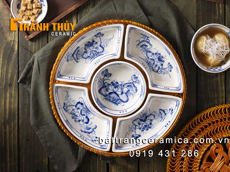 Khay mứt sứ Bát Tràng hoa sen xanh sang trọng tiện lợi mua ngay