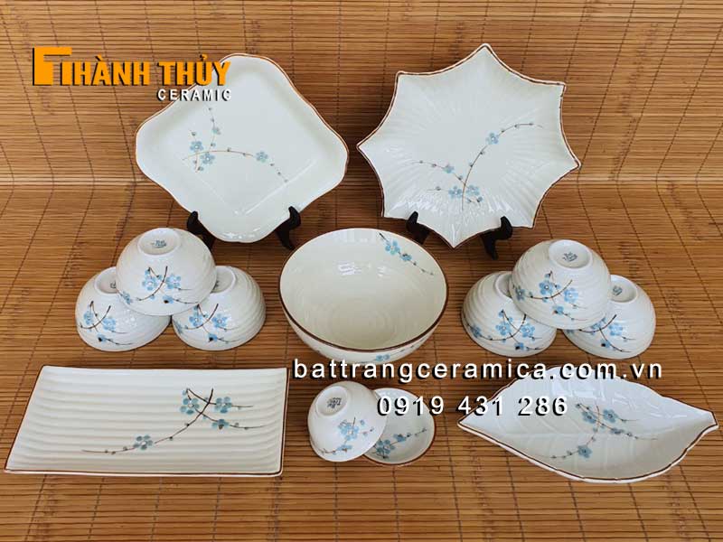 Bộ đồ ăn Bát Tràng hoa đào xanh 13 món sang trọng an toàn cho gia đình 