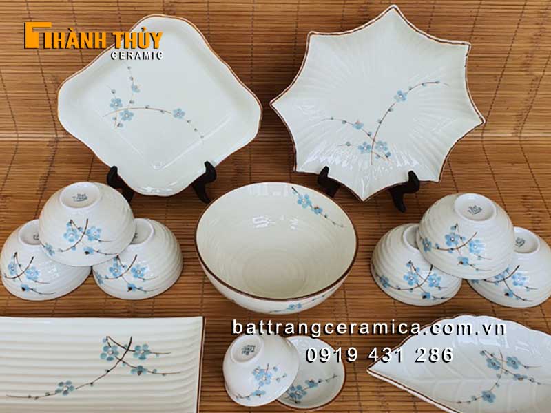 Bộ đồ ăn Bát Tràng hoa đào xanh 13 món sang trọng an toàn cho gia đình
