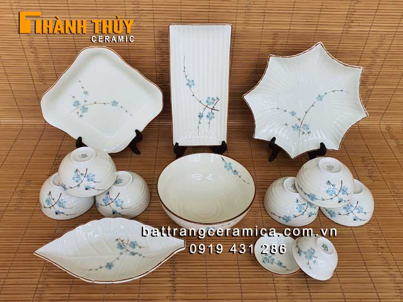 Bộ đồ ăn Bát Tràng hoa đào xanh 13 món sang trọng an toàn cho gia đình