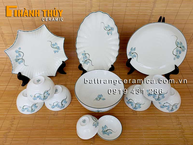Bộ đồ ăn Bát Tràng hoa Sen xanh 12 món cao cấp an toàn giá tốt