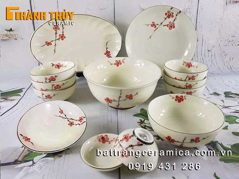Bộ bát đĩa Bát Tràng men kem hoa đào sang trọng tặng quà 