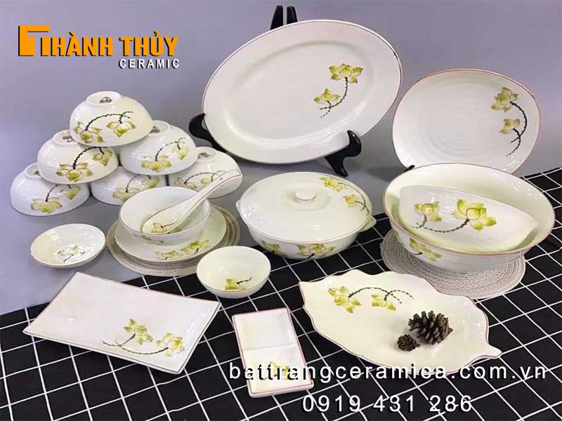 Bộ bát đĩa hoa sen vàng men kem 19 món cao cấp Bát Tràng