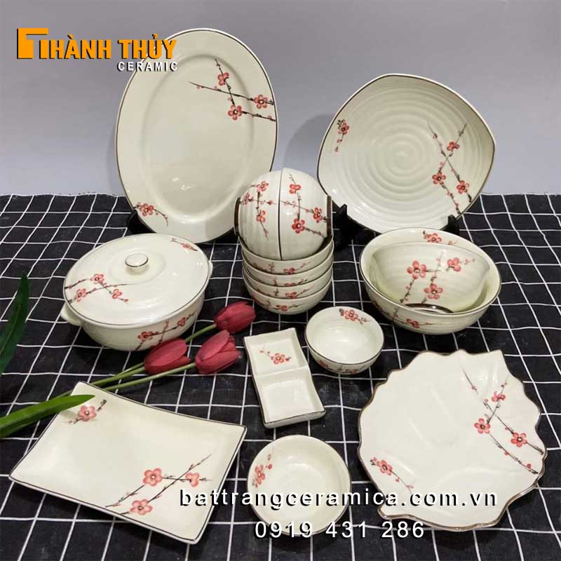 Bộ bát đĩa hoa đào men kem 16 món gốm sứ Bát Tràng cao cấp an toàn