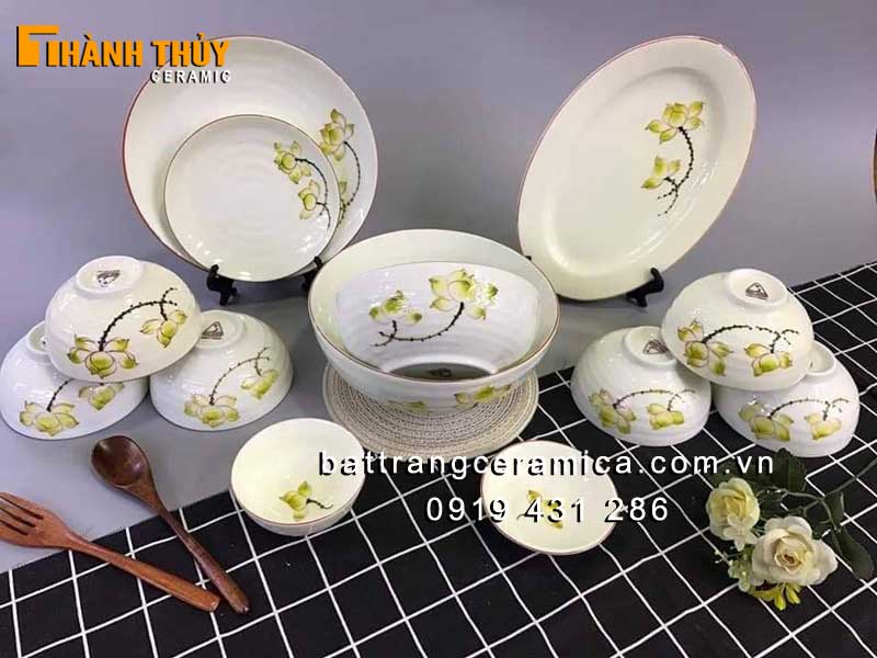 Bát đĩa men Kem hoa Sen 13 món Bát Tràng cao cấp an toàn 
