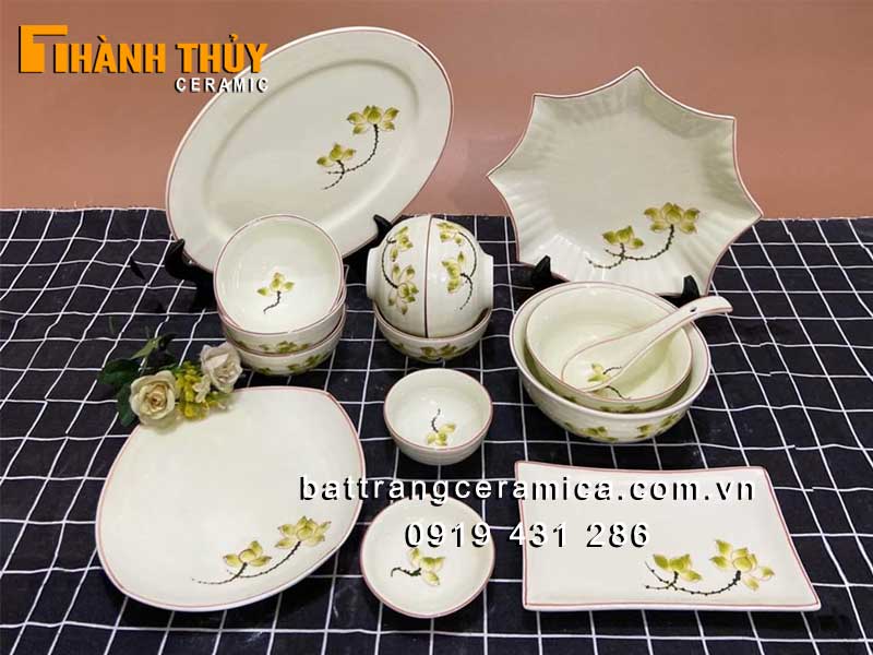 Bộ bát đĩa Bát Tràng hoa sen vàng 14 món gốm sứ cao cấp 
