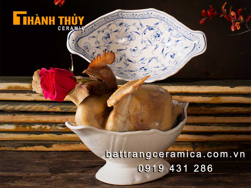Đĩa bày gà lễ họa tiết hoa dây sứ Bát Tràng sang trọng an toàn