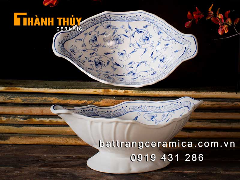 Đĩa bày gà lễ họa tiết hoa dây sứ Bát Tràng sang trọng an toàn