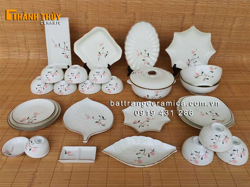 Bộ bát đĩa Bát Tràng vẽ đào phai 28 món sứ cao cấp an toàn