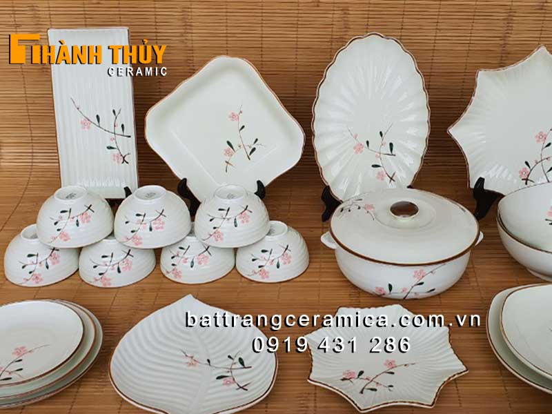 Bộ bát đĩa Bát Tràng vẽ đào phai 28 món sứ cao cấp an toàn