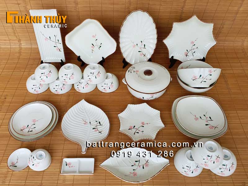 Bộ bát đĩa Bát Tràng vẽ đào phai 28 món sứ cao cấp an toàn