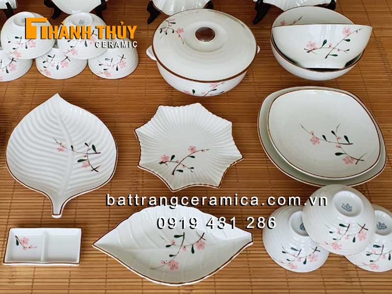 Bộ bát đĩa Bát Tràng vẽ đào phai 28 món sứ cao cấp an toàn