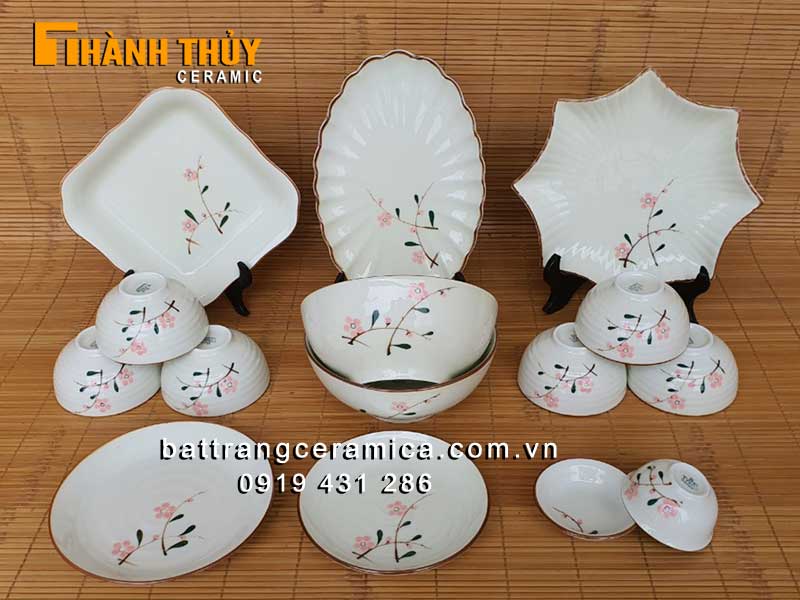 Bộ bát đĩa hoa đào phai 15 món sang trọng an toàn cho gia đình