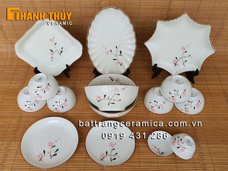 Bộ bát đĩa hoa đào phai 15 món sang trọng an toàn cho gia đình