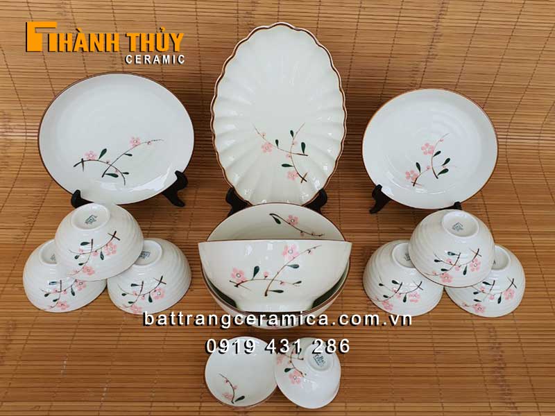 Bộ bát đĩa Bát Tràng hoa đào phai 13 món sứ cao cấp an toàn 
