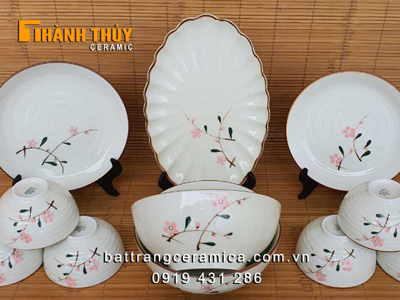 Bộ bát đĩa Bát Tràng hoa đào phai 13 món sứ cao cấp an toàn