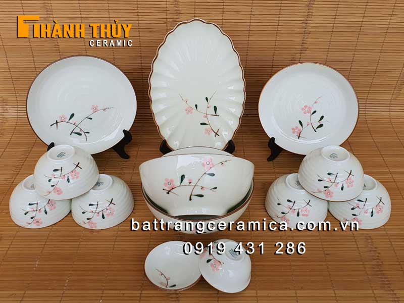 Bộ bát đĩa Bát Tràng hoa đào phai 13 món sứ cao cấp an toàn