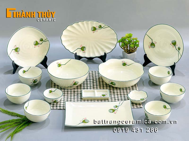 Bộ bát đĩa Bát Tràng 15 món vẽ đài sen cao cấp giá tốt 