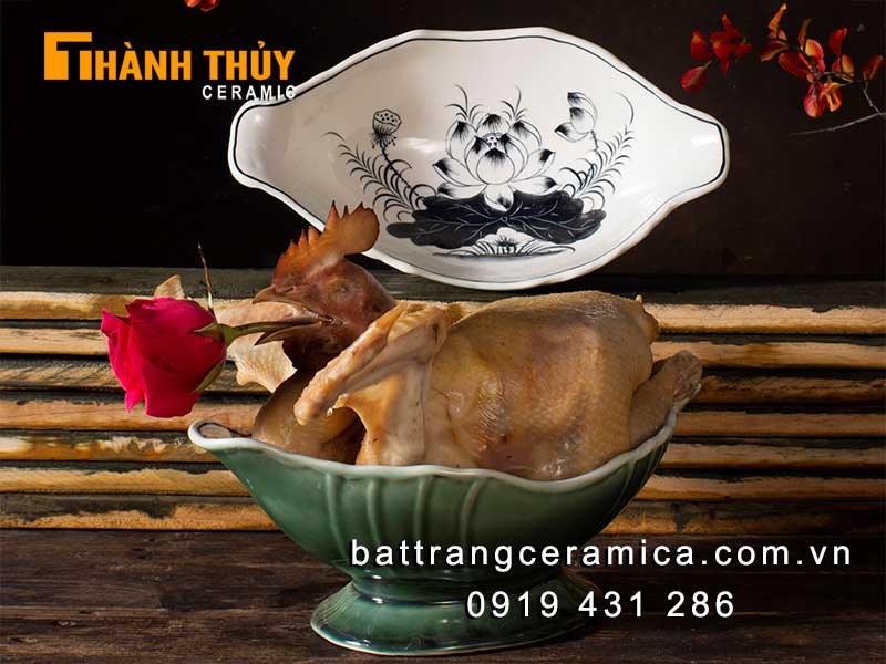 Đĩa bày gà lễ hoa sen sứ Bát Tràng cao cấp an toàn đẹp