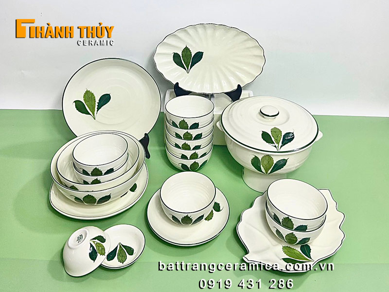 Bộ bát đĩa men kem xanh lá Ngò Gai cao cấp đẹp, an toàn, bền 