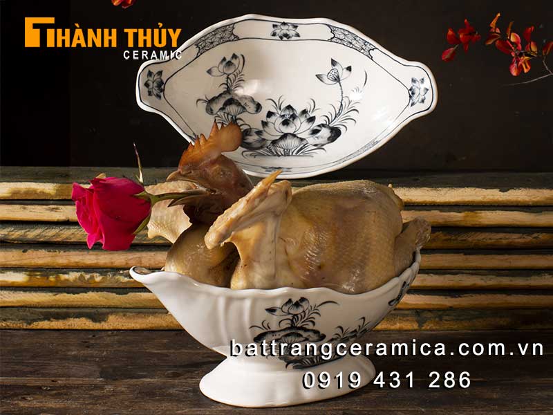 Đĩa bày gà cúng bàn thờ hoa sen sứ Bát Tràng cao cấp 