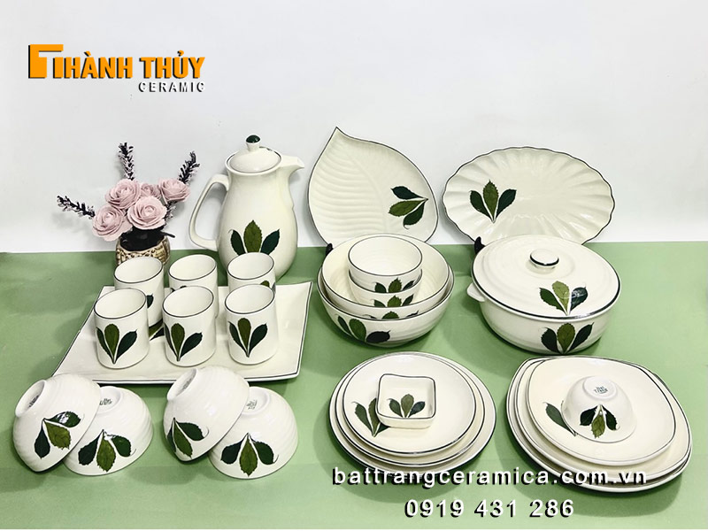 Bộ bát đĩa nhà hàng vẽ lá ngò gai sứ Bát Tràng cao cấp an toàn 