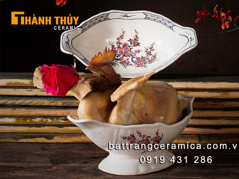 Đĩa bày gà cúng hoa đào đỏ Bát Tràng sang trọng đẹp an toàn 