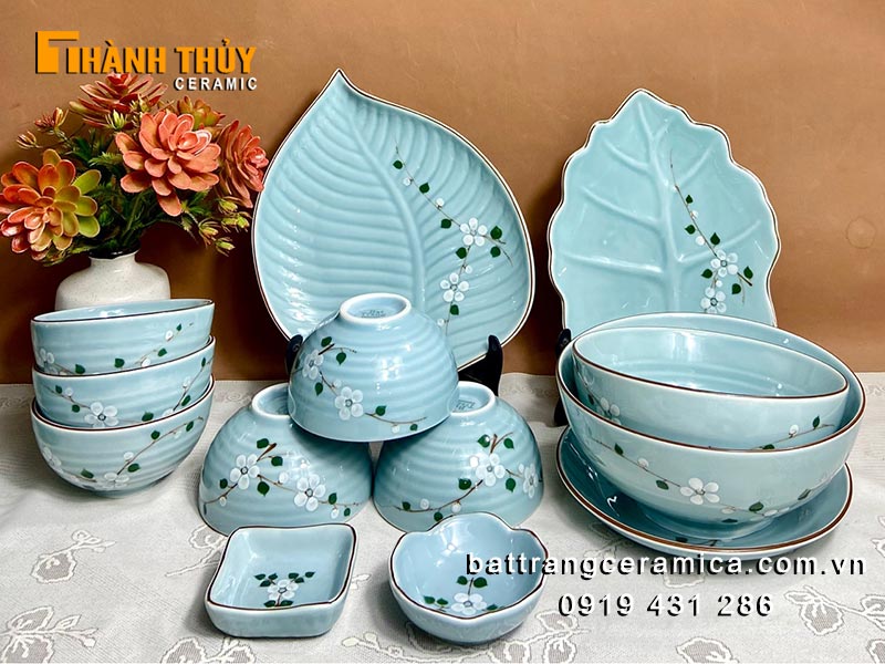 Bộ bát đĩa men xanh hoa mai cao cấp bền đẹp sang trọng nhà hàng