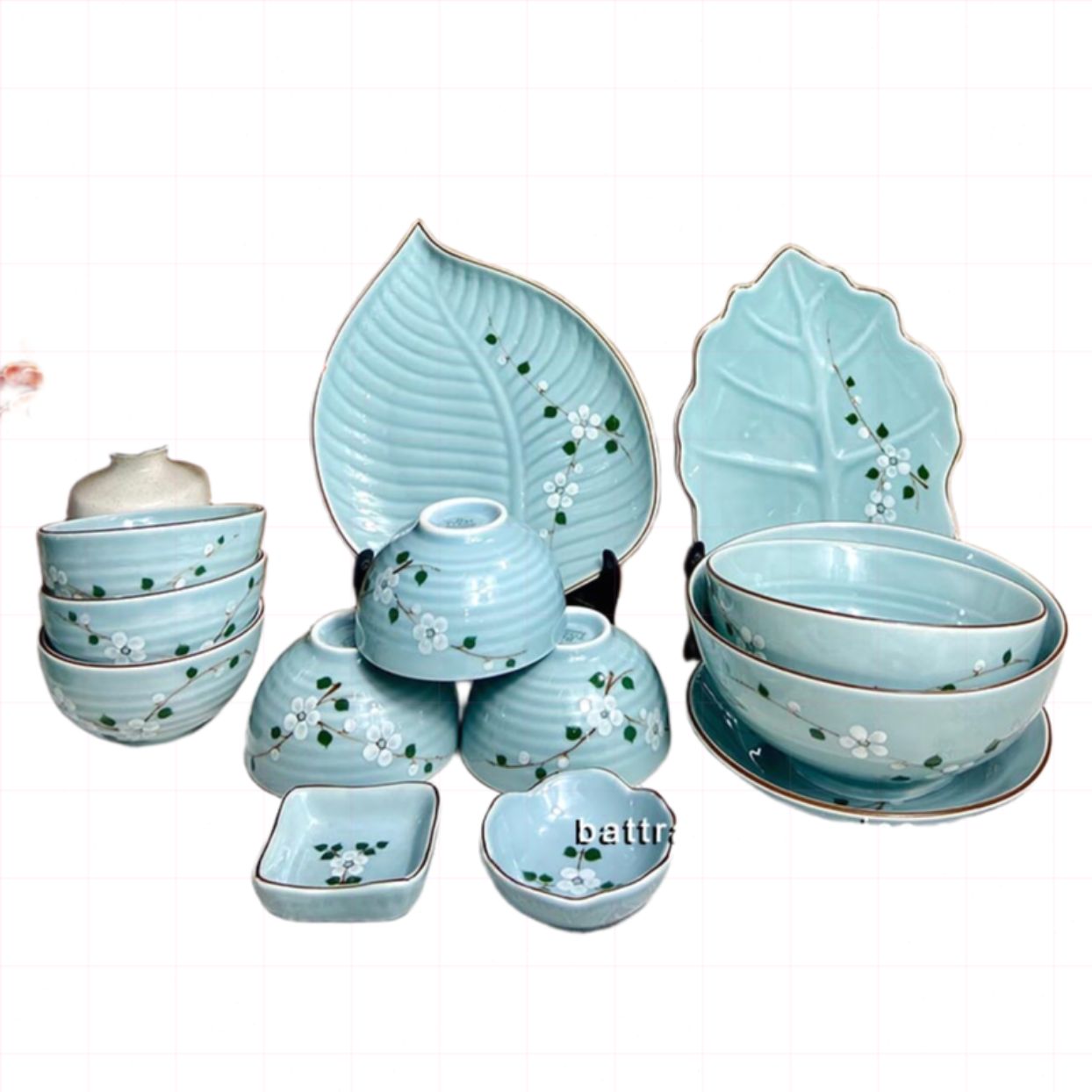 Bộ bát đĩa men xanh hoa mai cao cấp bền đẹp sang trọng nhà hàng 