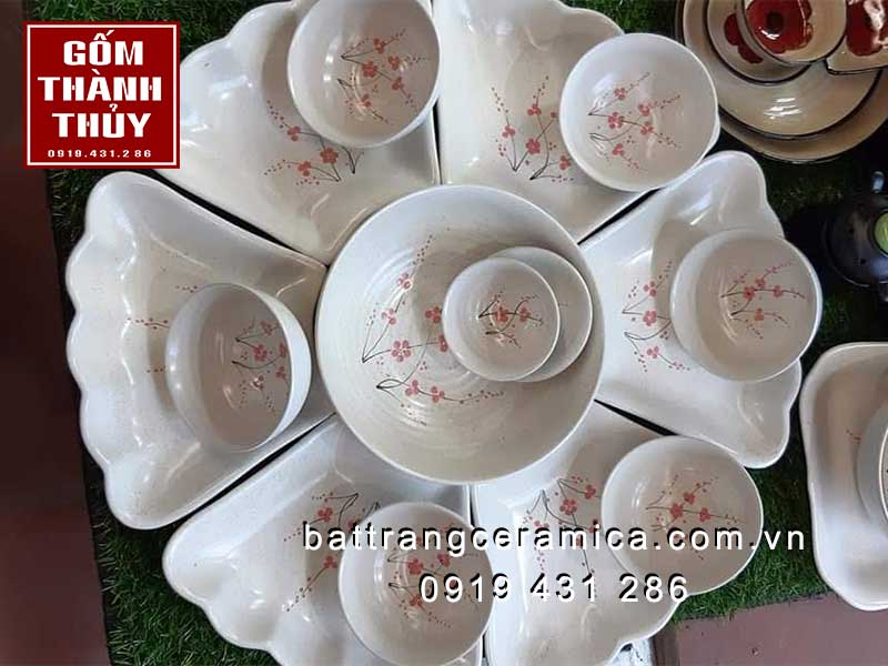 Bộ bát mặt trời men gấm hoa đào cao cấp Bát Tràng sang trọng 