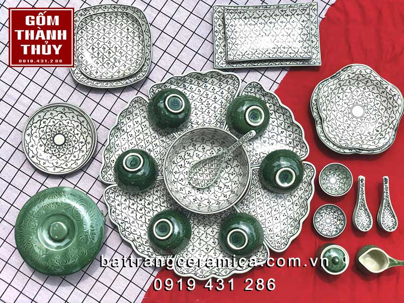 bộ bát đĩa hoa mặt trời xanh gốm sứ Bát Tràng đẹp sang trọng dễ mua