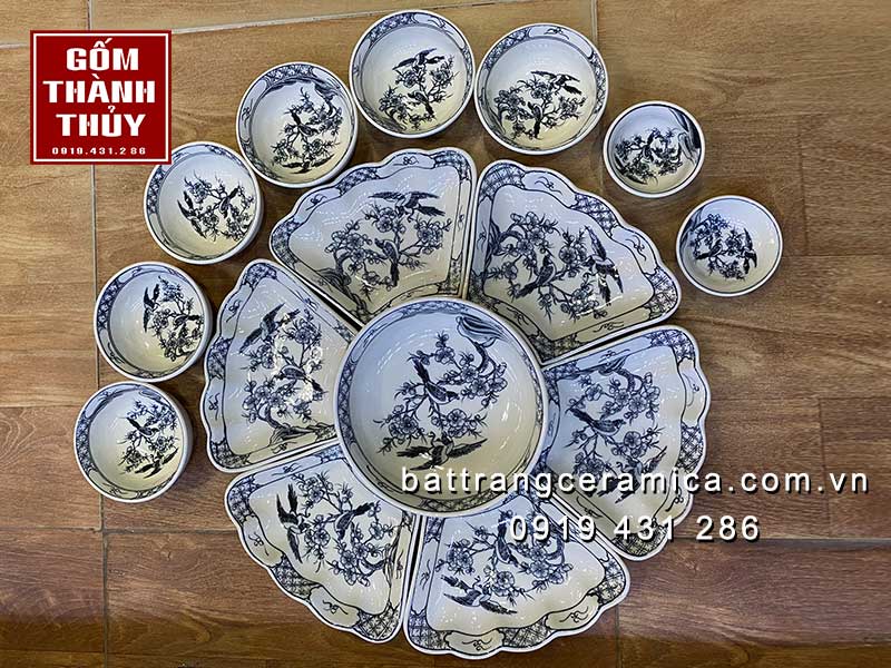 Bộ bát đĩa gốm sứ hoa Đào Bát Tràng cao cấp sang trọng 