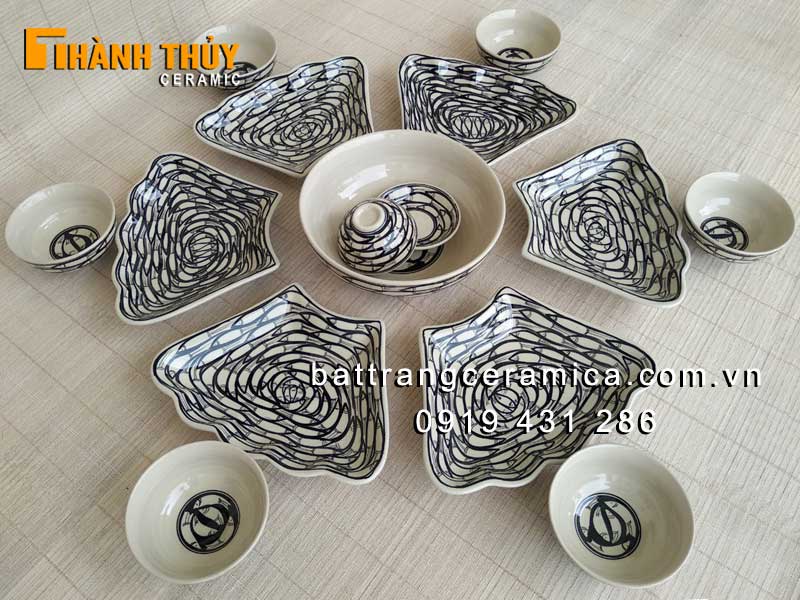 Bộ bát đĩa cá đàn gốm sứ Bát Tràng cao cấp đẹp sang trọng 