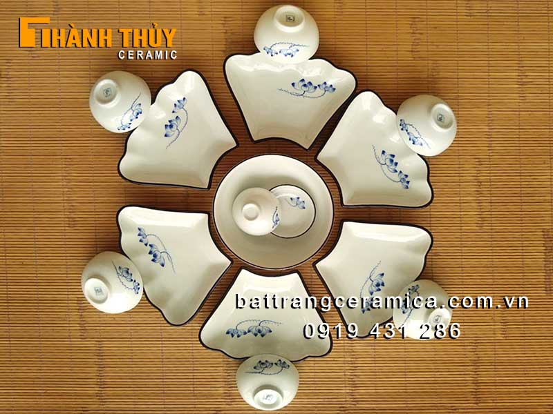 Bộ bát đĩa hoa sen xanh Bát Tràng cao cấp tiện dụng hấp dẫn
