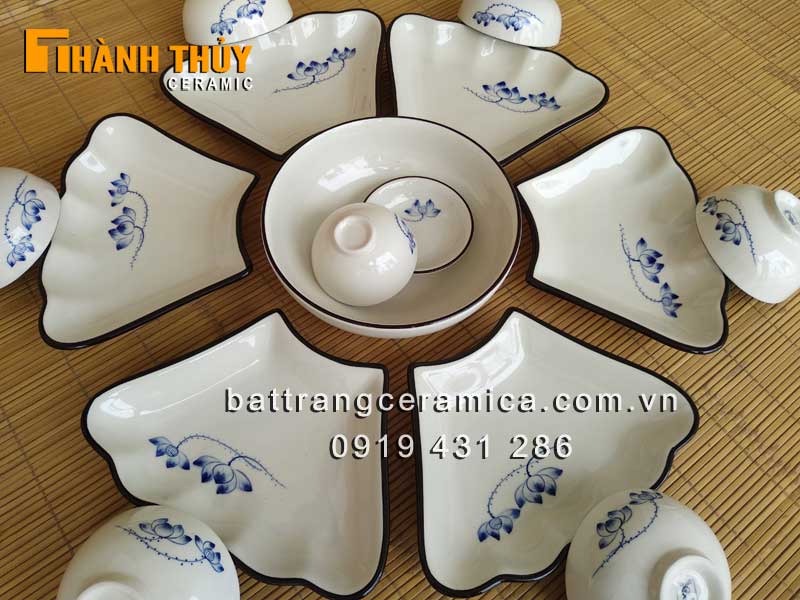Bộ bát đĩa hoa sen xanh Bát Tràng cao cấp tiện dụng hấp dẫn