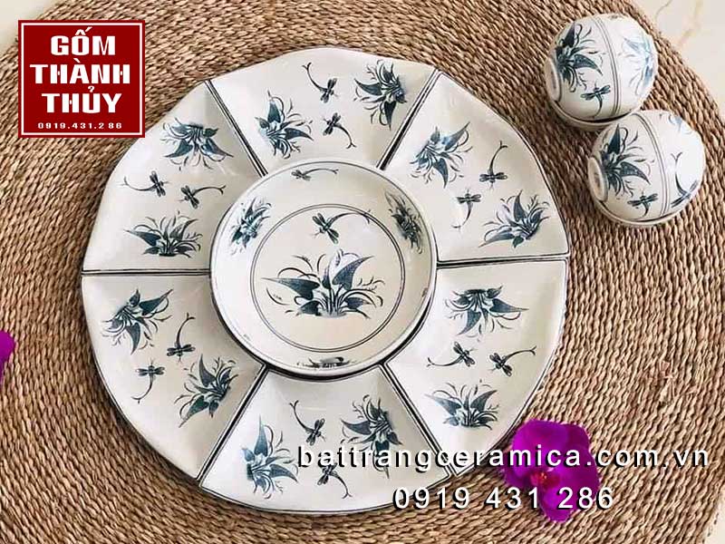 Bộ bát đĩa hoa mặt trời men chàm cổ Chuồn Chuồn Khoai cao cấp Bát Tràng