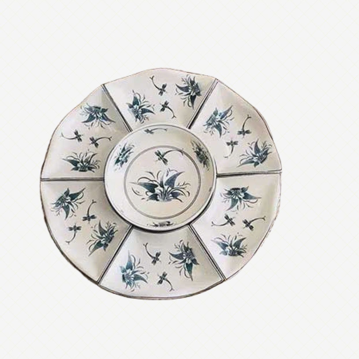 Bộ bát đĩa hoa mặt trời men chàm cổ Chuồn Chuồn Khoai cao cấp Bát Tràng 