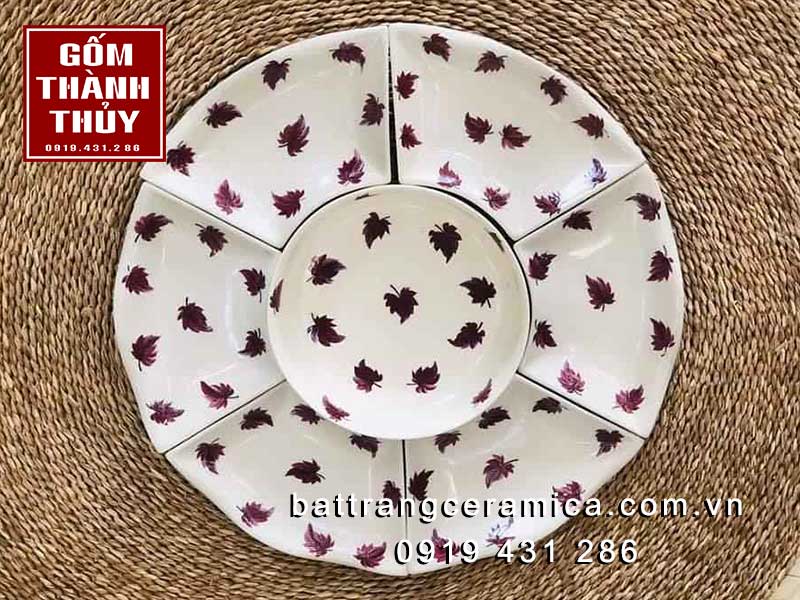 Bộ bát đĩa hoa mặt trời lá phong đỏ cao cấp gốm sứ Bát Tràng Bộ bát đĩa hoa mặt trời lá phong đỏ cao cấp gốm sứ Bát Tràng