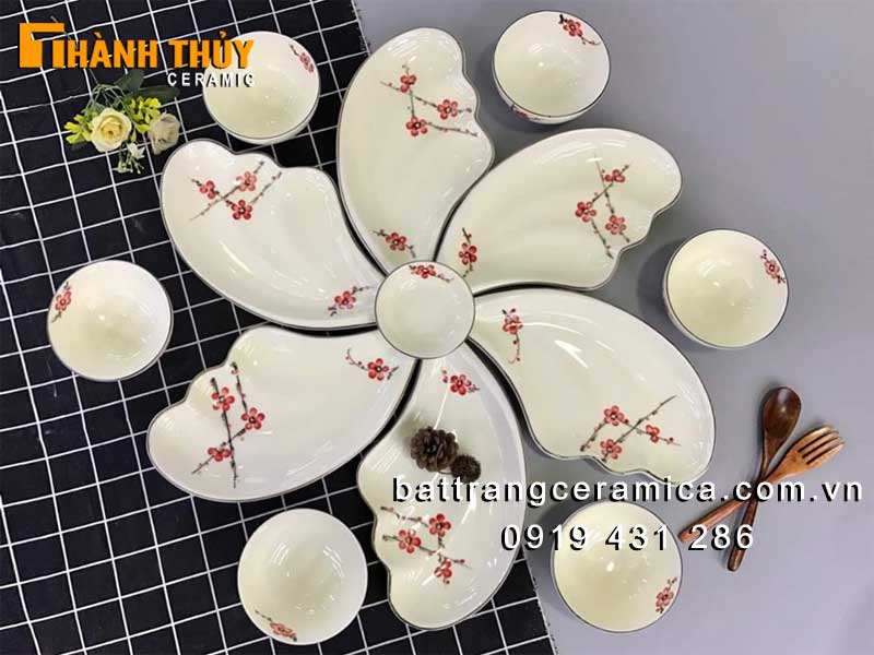bộ bát đĩa cánh tiên men kem bày mâm cỗ hoa đào đẹp giá tốt 